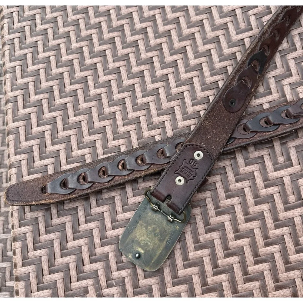 Leather Hand Tooled Woven Brown Belt Carpenter Buckle Hammer Saw Mexico Size 40